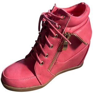 Lucky Top Girls Pink Wedge Sneakers | Lace-Up Leatherette Shoes with Side Zipper